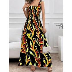 Damen Maxikleid Shiftkleid A Linie Kleid Urlaub Lässig Boho Ausgehen Standard Passform Blumen Grafik Ärmellos U-Ausschnitt Schwarz Rote Blau Orange Sommer Frühling