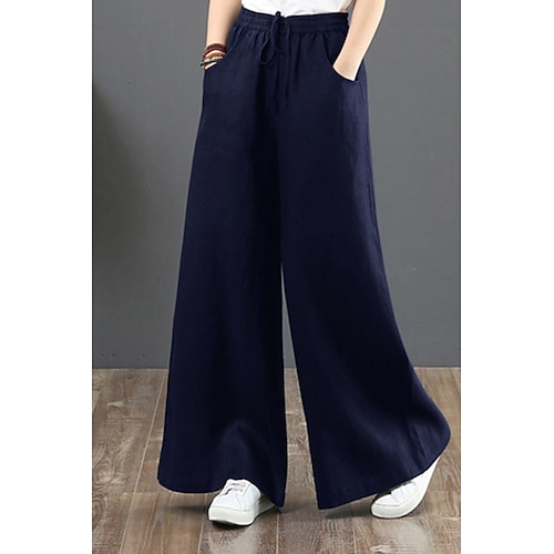 Damen Baumwoll Mischung Weites Bein Stoffhosen Mode Streetwear Volle Länge Natürliche Taille Einfach Tasche Elastisches Kordelzugdesign Bequem Straße Ausgehen Aprikose Hyazinth Grau Schwarz Sommer Image