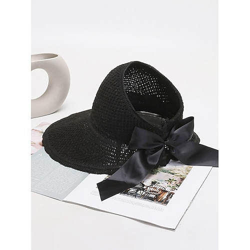 Faltbarer Stroh-Sonnenhut für Damen mit breiter Krempe und schwarzer Schleife – eleganter UV-Schutzhut für den Strandurlaub, Sommerreisen und Outdoor-Aktivitäten Image