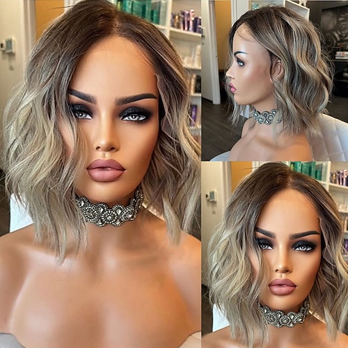Unbehandeltes Echthaar 5x5 Verschluss 13x4 Spitzenfront Perücke Kurzer Bob Brasilianisches Haar Gewellt Blond Perücke 130% 150% Haardichte Ombre-Haar Hervorgehobenes / Balayage-Haar Kleberfrei Für Image