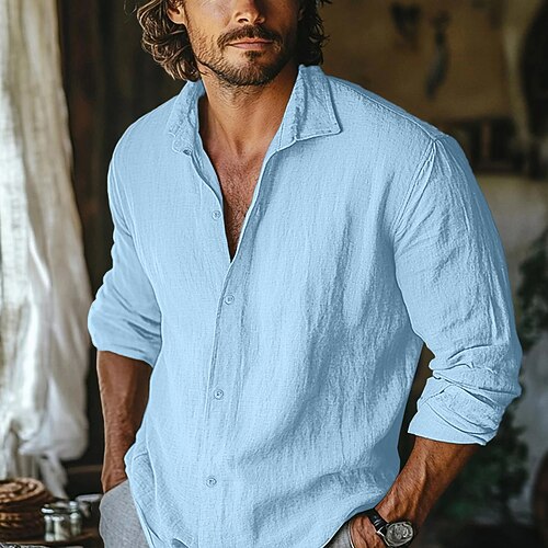 Herren Hemd leinenhemd Sommerhemd Strandbekleidung Freizeithemd Knopfhemd Einfach Urlaub Heim Weiß Rosa Marineblau Himmelblau Langarm Revers Frühling Sommer Bekleidung Image