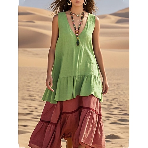 Damen Midikleid Baumwoll Mischung Shiftkleid Sommerkleid Mode Urlaub Ferien Schlank Farbblock Ärmellos V Ausschnitt Gelb Königsblau Dunkelgrün Purpur Sommer Image