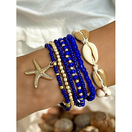 Boho-Armbandset mit Muschelperlen für Damen – 7-teiliges Stretcharmband mit Seestern-Anhänger in verschiedenen Farben für Sommer-Strandkleidung und Resort-Kleidung Image