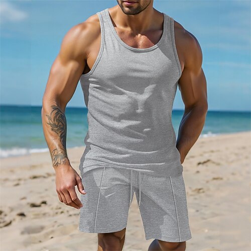 Herren Tanktop Weste T-Shirt Anzüge 2-teiliges Outfit Ärmellos Rundhalsausschnitt Sommer Einfach Mode Lässig 2 teilig Urlaub Alltagskleidung Ausgehen Weiß Wein Dunkelgrün Top T-Shirt für Herren Image