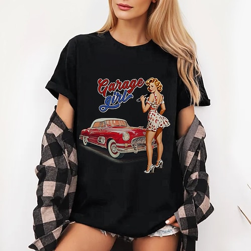 T-Shirt Retro Poster Retro-Mädchen 1950er Retro Vintage T-Shirt Ärmel Grafik für Damen Erwachsene Heißprägen für Maskerade Alltagstauglich Image