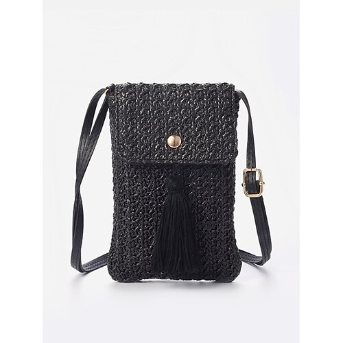 Damen-Crossbody-Handytasche aus gewebtem Stroh mit Quaste – Mini-Handtasche im Boho-Stil für Sommer und Strand für Reisen, Outdoor und Freizeitoutfits