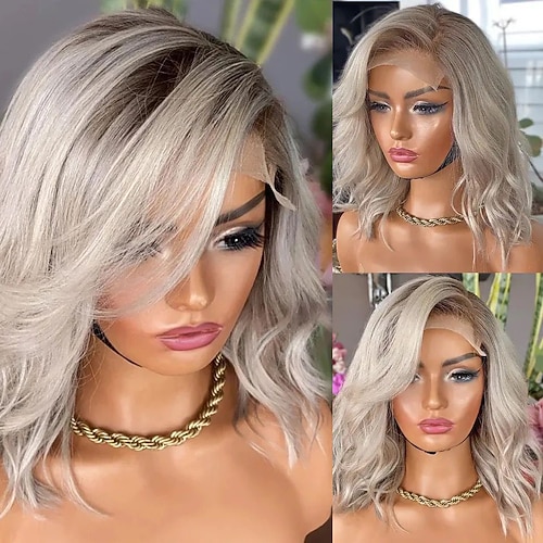 brasilianisches Remy-Menschenhaar, Ombre, klebefrei, 5x5 Lace-Closure-Perücke, kurzer Bob, gewellt, 13x4 Lace-Front-Perücke, aschblonde Echthaarperücke mit Babyhaar, natürlicher Haaransatz für Frauen Image