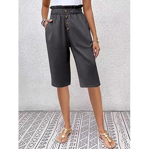 Damen Shorts Sommershorts Strandshorts Freizeitshorts Urlaub Basic Lässig Knielang Hohe Taille Einfach Tasche Elastischer Bund Komfort Außenbereich Mikroelastisch Täglich Strand Ferien Navy-Blau Image