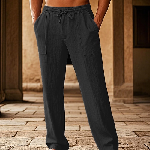 Herren Baumwollhosen Kordelzug Tasche Elastischer Bund Einfach Komfort Atmungsaktiv Urlaub Hawaiianisch Boho Schwarz Weiß Image