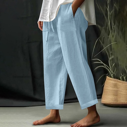 Damen EU- / US-Größe Kunstbaumwollleinen Strandshorts Komfort Volle Länge Natürliche Taille Einfarbig Alltagstauglich Dunkelgrün Dunkelbraun Schwarz 3 # Weiß Frühling, Herbst, Winter, Sommer Lässiger Image