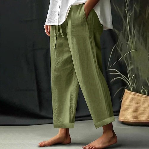 Damen EU- / US-Größe Kunstbaumwollleinen Strandshorts Komfort Volle Länge Natürliche Taille Einfarbig Alltagstauglich Dunkelgrün Dunkelbraun Schwarz 3 # Weiß Frühling, Herbst, Winter, Sommer Lässiger Image