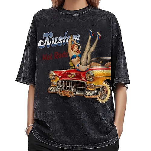 T-Shirt Übergroßes Acid-Wash-T-Shirt Retro Poster Retro-Mädchen 1950er Retro Vintage T-Shirt Ärmel Grafik für Paar Herren Damen Erwachsene Heißprägen für Maskerade Alltagstauglich Image