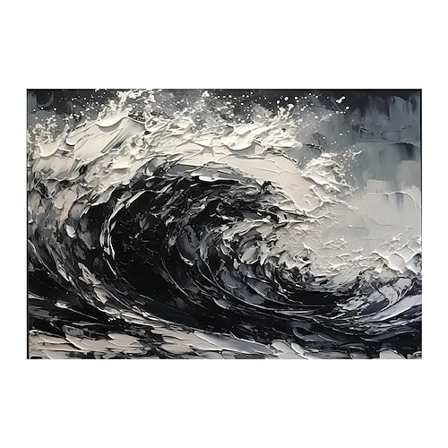 handgefertigtes Ölgemälde auf Leinwand, Wandkunst, Dekoration, 3D-Spachtel, schwarz-weiße Ozeanwelle, abstrakte Landschaft für die Inneneinrichtung, gespannter Rahmen, hängendes Gemälde/gerolltes Image