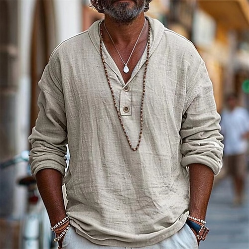 Herren Hemd Leinenhemd Popover-Hemd Sommerhemd Strandhemd Einfarbig Urlaub Straße Schwarz Blau Khaki Langarm Kragen Frühling Sommer Bekleidung Knöpfe Image