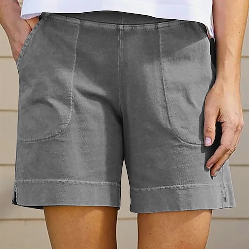 Damen Kunstbaumwollleinen Shorts Stoffhosen Lässig Kurz Natürliche Taille Einfach Tasche Elastischer Bund Bequem Außenbereich Täglich Ferien Wein Grau Schwarz Weiß Sommer Normale Passform Image
