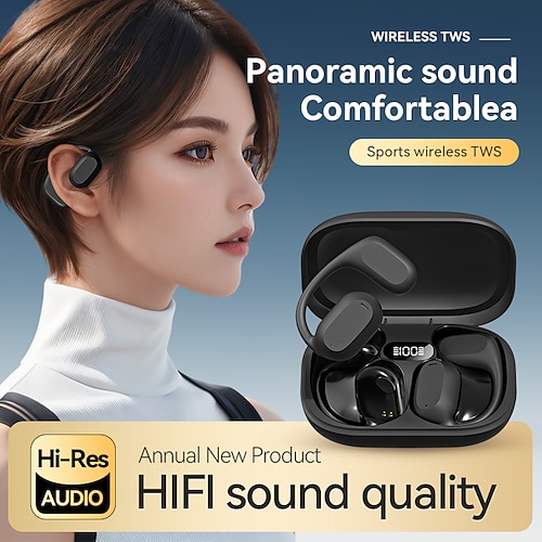 Offene Ohrhörer, Bluetooth 5.3, Knochenleitung, kabellose Ohrhörer mit Digitalanzeige, Ladeetui, wasserdicht, immersiver Stereo-Sound, Sport-Headset mit Mikrofon zum Laufen, Gehen, Trainieren Image