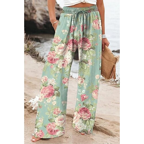 Damen Weites Bein Chinos Baggy-Hosen Strandshorts Urlaub Vintage Mode Volle Länge Hohe Taille Blumen Grafik Drucken Thermowarm Weich Atmungsaktiv Mikroelastisch Lässig Täglich Urlaub Rubinrot Wei Image