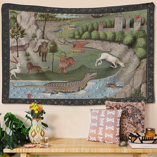 Mittelalterlicher Wandteppich Mittelalter Wandteppich Gothische Kunst Großer Wandteppich Wanddekoration Fotohintergrund Deckenvorhang Heim Schlafzimmer Wohnzimmer Dekoration Fabuleuse Tiere aus Image