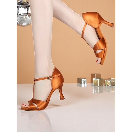Damen Latein-Tanzschuhe aus Satin mit Kreuzriemen und mittelhohem Absatz – elegante Ballsaal-Performance-Absätze für Erwachsene Image