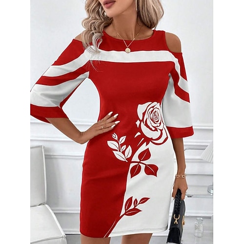 Damen Minikleid Freizeitkleid Bodycon Sommerkleid Mode Modern Täglich Outdoor Wochenende Normale Passform Blumen Gestreift Dreiviertelarm Rundhalsausschnitt Schwarz Weiß Rote Sommer Image