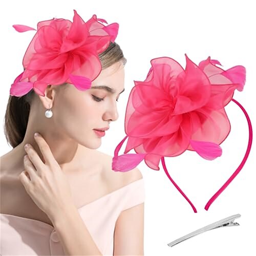 Fascinator-Hut, Blumennetz, mehrfarbig, Federn, Bänder auf dem Stirnband und Clip, Kopfbedeckung für Teepartys für Mädchen und Frauen Image