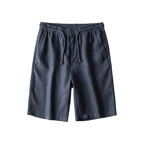 Herren Leinenshorts Einfarbig Knielang Outdoor Lässig Täglich Urlaub Ethno-Stil Denim Blue KhakiA Unelastisch Image