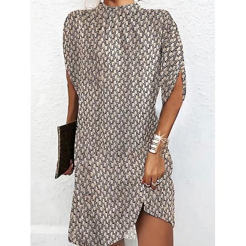 Damen Minikleid Sommerkleid Figurbetontes Kleid Lässig Halbformelle Kleider Täglich Ferien Normale Passform Grafik Geometrisch Kurzarm Hoher Ausschnitt Schwarz Rosa Braun Sommer Image