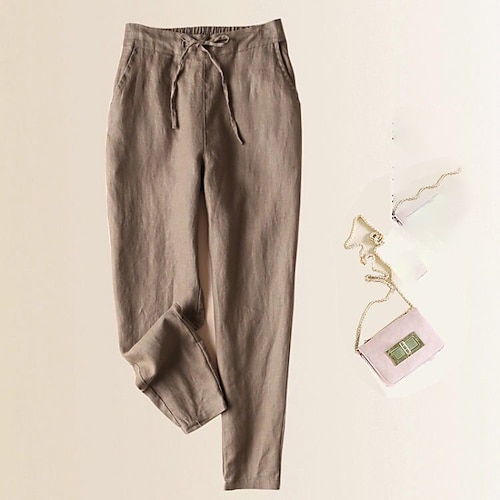 Damen Kunstbaumwollleinen Stoffhosen Haremshose Lässig Volle Länge Natürliche Taille Einfach Tasche Elastisches Kordelzugdesign Außenbereich Bequem Straße Alltagskleidung Aprikose Schwarz Weiß Rosa Image