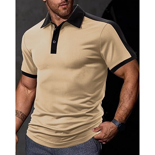 Herren Golfshirt Golf Poloshirts Arbeit Lässig Revers Kurzarm Basic Modern Farbblock Patchwork Knöpfe Sommer Normale Passform Wein Schwarz Weiß Khaki Hellgrau Dunkelgray Golfshirt Image