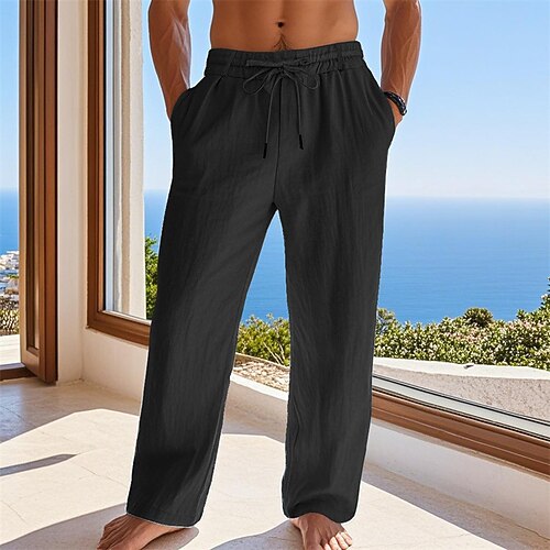 Herren Leinenhosen Hose Sommerhose Strandhose Kordelzug Tasche Elastischer Bund Einfach Komfort Atmungsaktiv Urlaub Täglich Ferien Hawaiianisch Boho Schwarz Weiß Image
