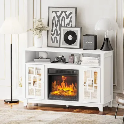 Mirrored Fireplace TV Stand, Farmhouse Modern Entertainment Center with Electric Fireplace & Mirror
