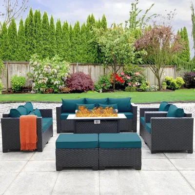 45-Inch Outdoor Fire Pits 7 PCS Patio Couch Outdoor Chairs 60000BTU Outdoor Propane Fire Pit Table,