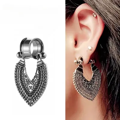 Pair Boho Bronze Antique-Silver- Dangle Ear Plug Flared Steel 2g ( 6mm) to 1