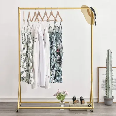 Gold Pipe Clothing Racks Freestanding, Modern Metal Clothes Rack Heavy Duty, Easy Assemble Clothing