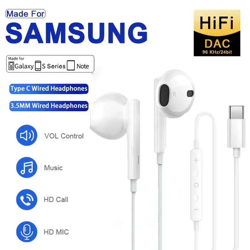 Cuffie cablate di tipo C per Samsung Galaxy S24 S23 S22 Cuffie in-ear da 3,5 mm A53 A52 Nota 20 USB-C Auricolare HiFi Bass Stereo