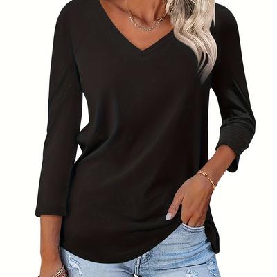TEMU V Neck Three-quarter Sleeve T-shirt, Elegant Solid Color Top For Summer & Spring, Women's Clothing Image