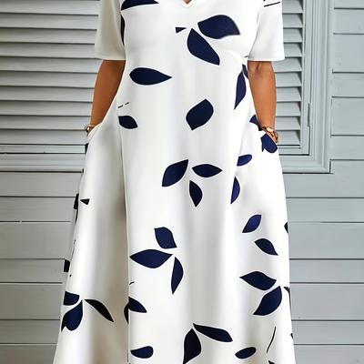TEMU Women's Casual V-neck Short Sleeve Dress With Print - Polyester, Lightweight, Wear, Casual Summer Dress | Floral Print Dress | Polyester Dress Image