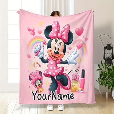 TEMU Mouse Personalized Name Flannel Blanket - Soft 100% Polyester Multi-use Throw For Home, Office, Travel & Outdoor - Vibrant With Hearts & Image
