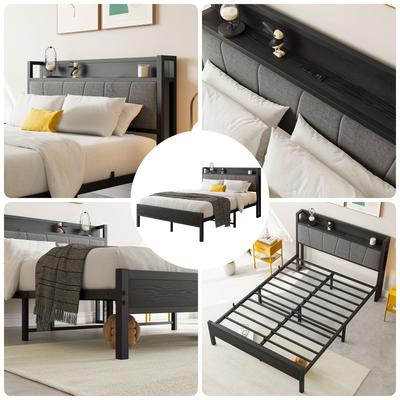 TEMU Metal Single/double Bed With Slatted Bed Frame With Headboard, Bedroom Bed Bed Image