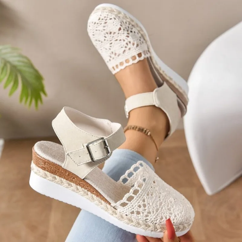Sandalen Damen Geflochtene Espadrille Knoten Knopf Knöchelriemen Keilsandalen Leinenkeil Sommer 6 cm Absatz Plateau Espadrilles Schuhe