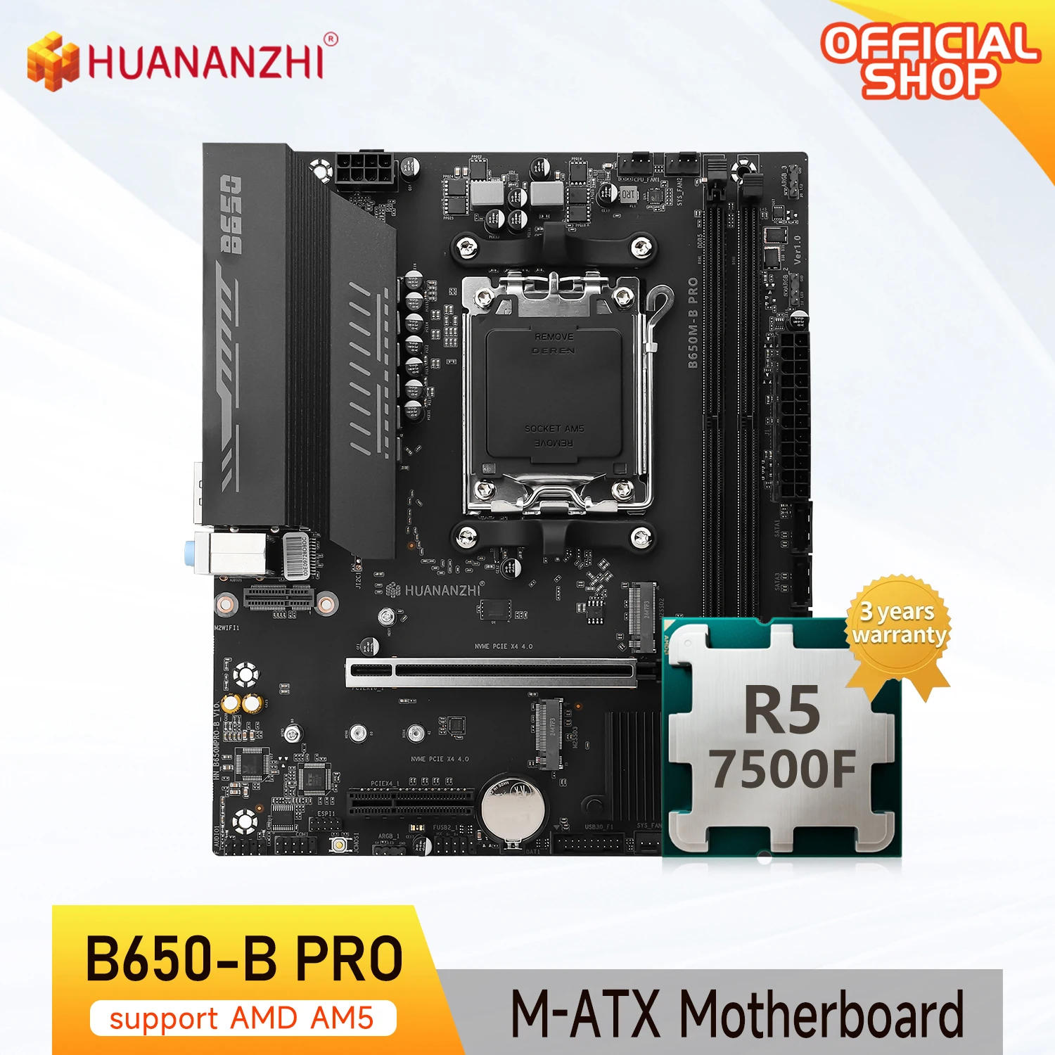HUANANZHI B650M B PRO AMD AM5 Motherboard mit Ryzen R5 7500F unterstützt M.2 NVME WIFI Dual Channel DDR5 EXPO RAM Image