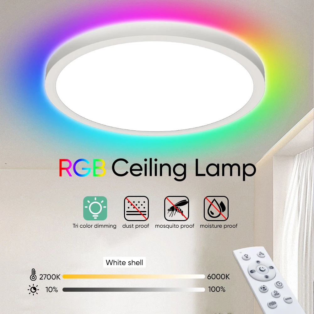220V LED Deckenleuchte dimmbar mit Fernbedienung RGB 3000K-6500K runde Deckenleuchte für Wohnzimmer Schlafzimmer 24W 2700LM