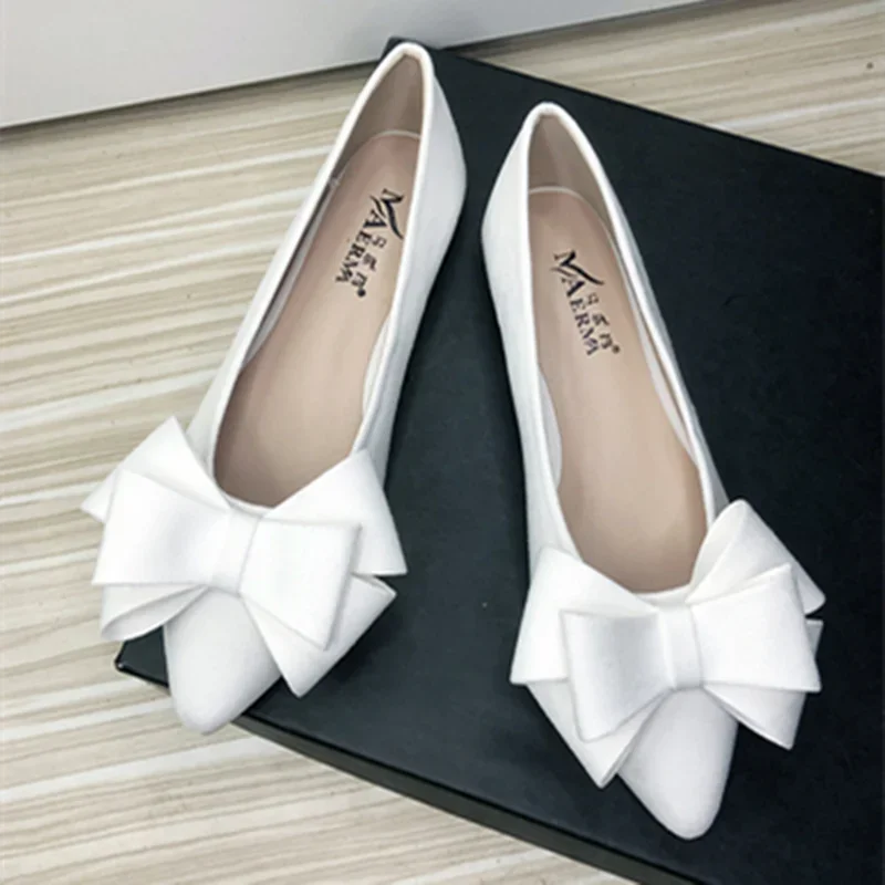 Damen Ballerina Kleine Schuhe Spitzzehe Flock Großer Bogen Flats Für Frühling Bequeme Süße Lila Kamel Slip-Ons 48-32 2023 Neueste