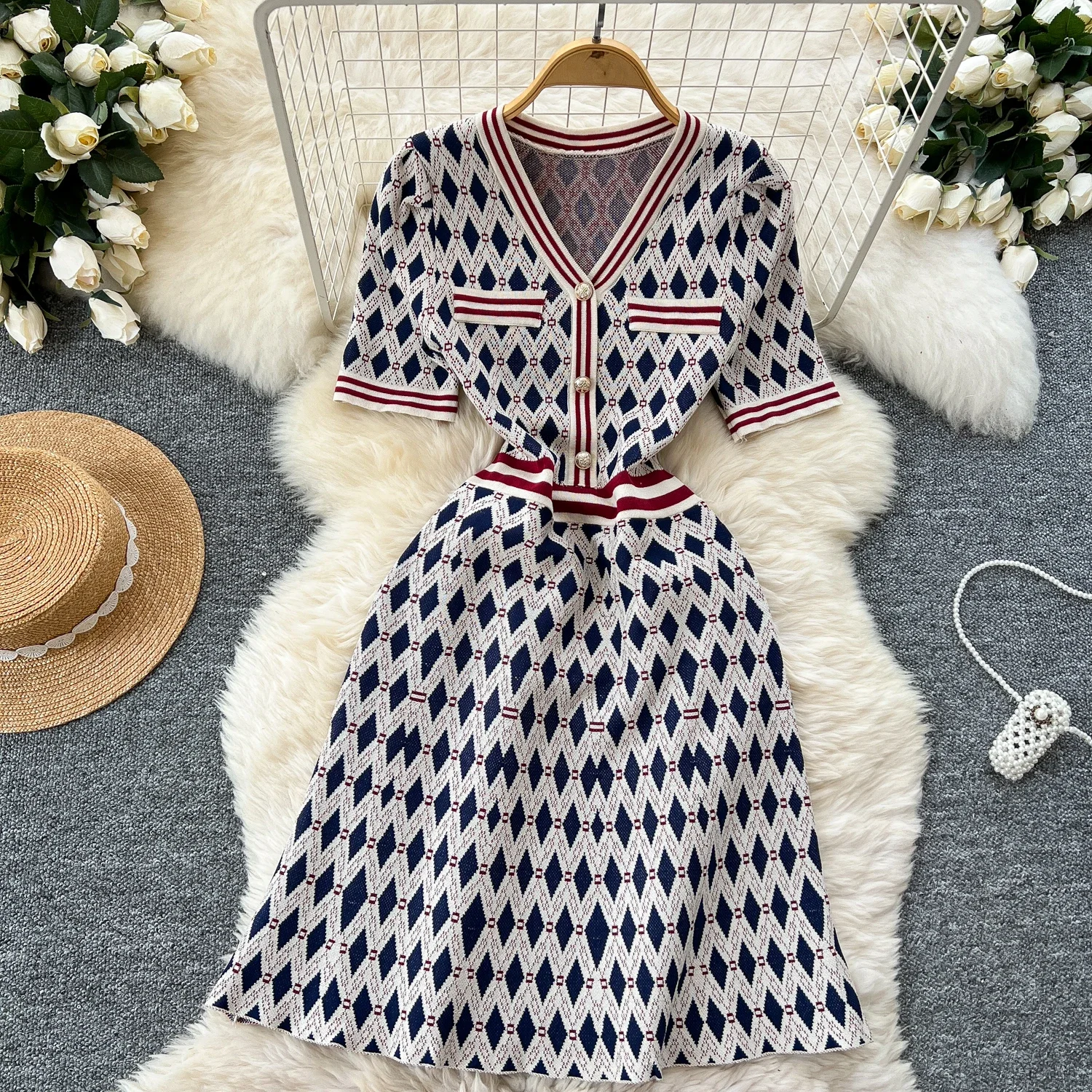 Neue Chic V-ausschnitt Stricken Elegante Koreanische Mode Lässig Sexy Hohe Taille A-line Vestidos Sommer Frauen Urlaub Kleid
