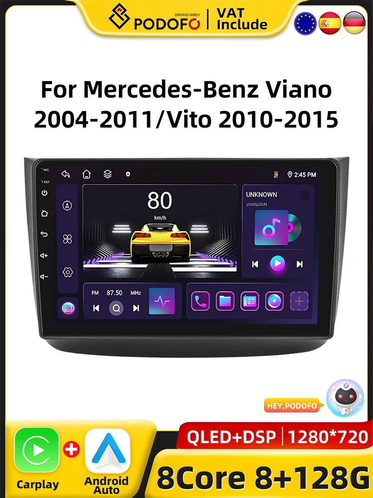 Podofo 4G CarPlay Android Radio For Mercedes-Benz Viano 2004-2011 Vito 2010-2015 Car Intelligent System 2din GPS Stereo RDS Unit Image