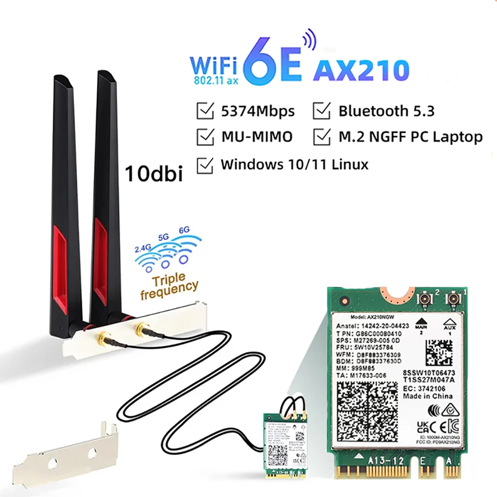 WiFi 6 Karte AX210 Bluetooth 5,3 5374Mbps Adapter 2 In 1 Desktop Kit 10DBi Antennen 802.11ax 2,4G/5Ghz/6Ghz Für Win 10/11 Image