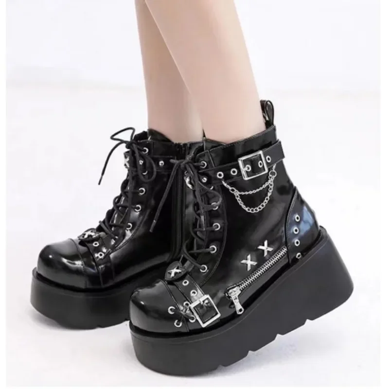 Plattform Keile Frauen Stiefeletten Herbst Winter Gothic Straße Bequeme Mode Coole Frau Schuhe Motorrad Stiefel Große Größe 43