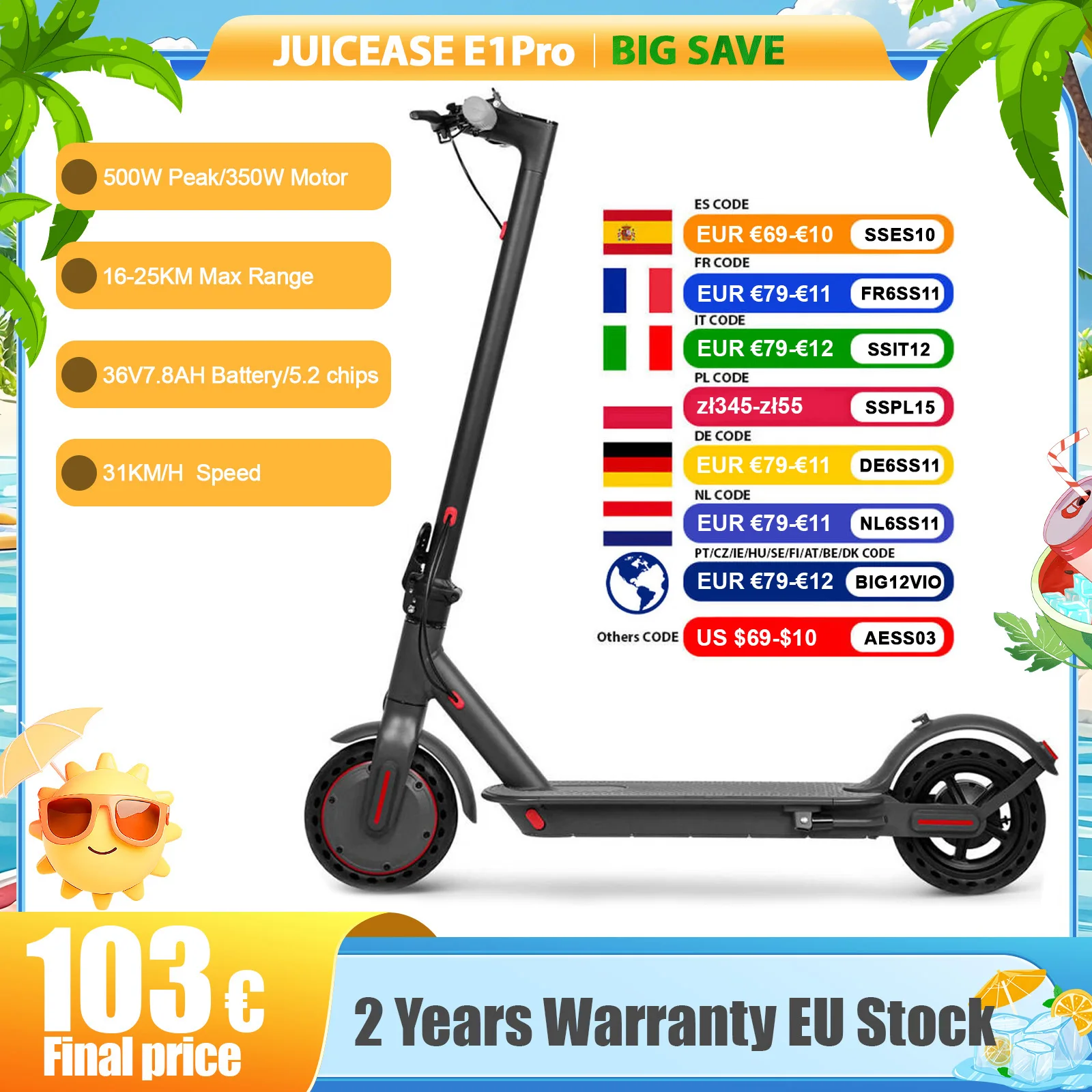 JUICEASE E1 Pro Elektroroller, 350 W Motor, 500 W Spitzenleistung, zusammenklappbarer elektrischer Tretroller, 36 V, 7,8 Ah, 5,2 Chips, 25 km Reichweite Image