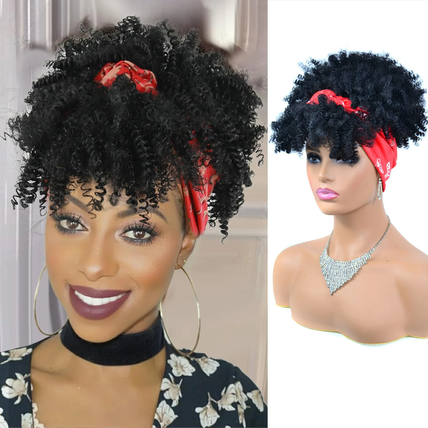 Jeedou synthetische Afro-Perücke, verworren, lockig, kurz, mit Stirnband, für Damen, schwarz, flauschig, stilvoll, mit Kopftuch-Zubehör Image