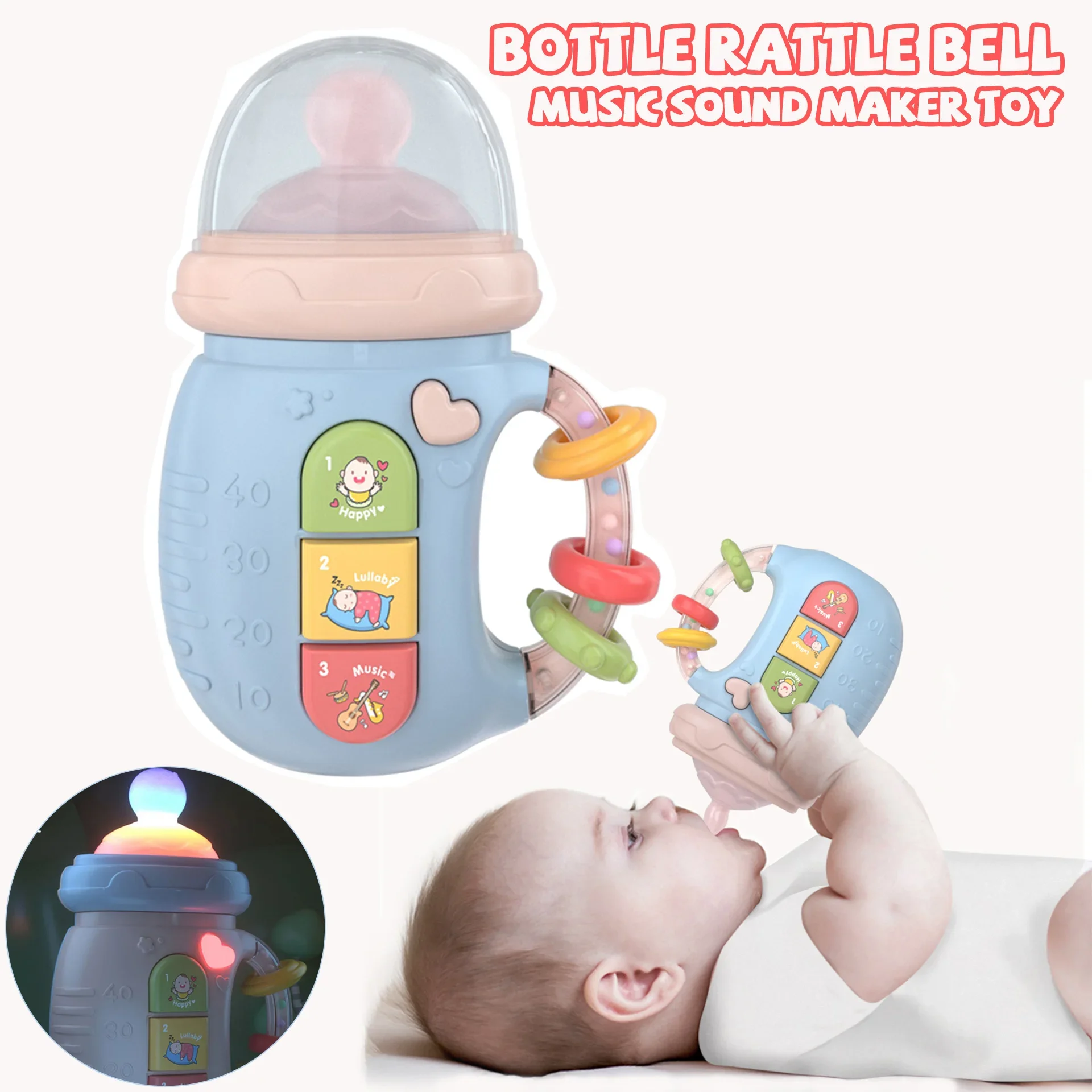 Baby Musik Sound Maker Beißring Flasche Rassel Glocke Beiß spielzeug für Neugeborene pädagogische Licht mobile Rasseln Spielzeug Babys Geschenk Image